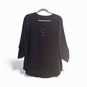 Sami & Jo Navy Blue V-Neck Blouse Button Accents Roll Tab Sleeve Tunic Sz M